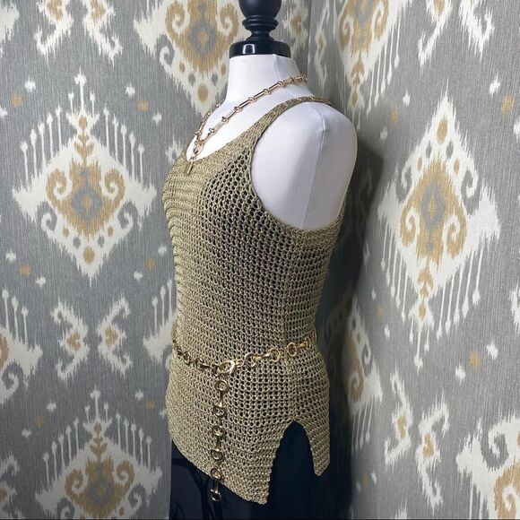 Ralph Lauren Gold Lame Open Hand Knit Mesh Sleeveless Scoop-neck Tank Sweater - Picture 11 of 16